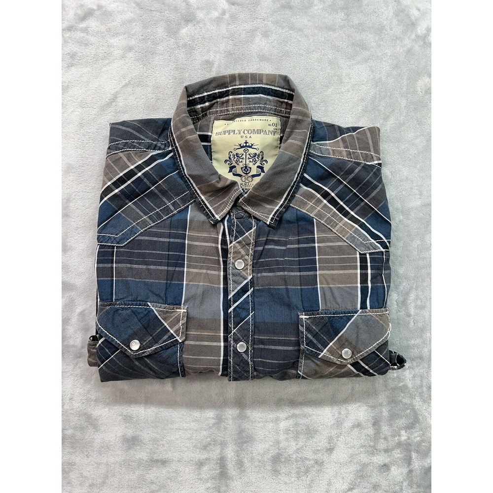 Supply Company USA Mens Sz XL Shirt  Long Sleeve Grey/Blue Tartan Plaid Pearl